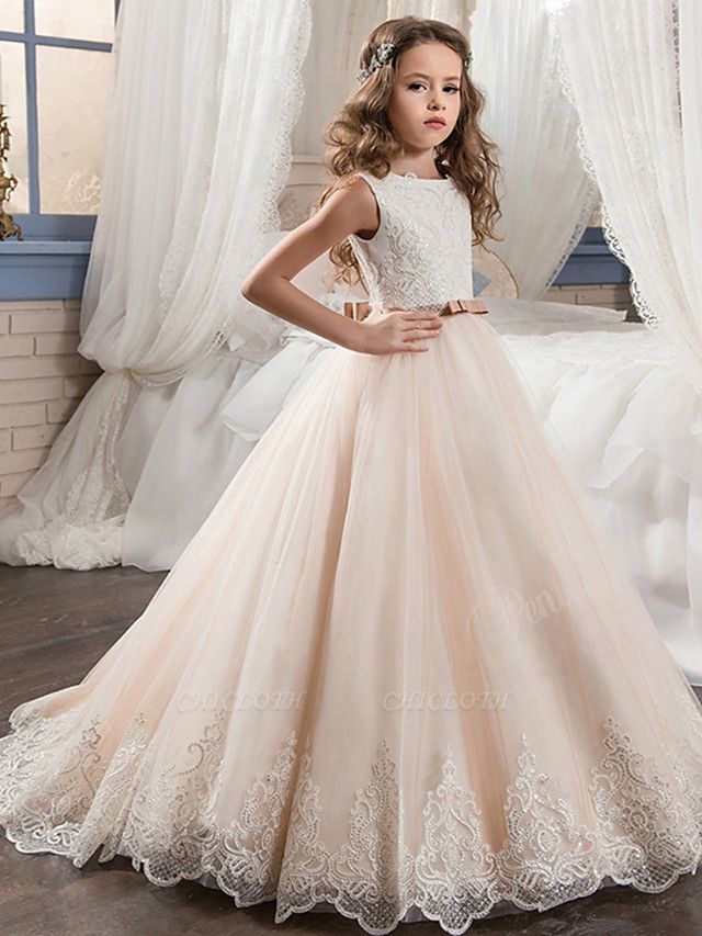 Ball Gown Maxi Wedding / Birthday / Pageant Flower Girl Dresses - Cotton / Nylon With A Hint Of Stretch / Chiffon / Tulle Sleeveless Jewel Neck With Bows / Lace / Embroidery