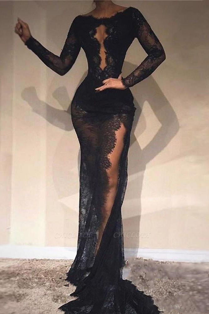 Black High Neck Lace Sexy Prom Dresses with Front Split