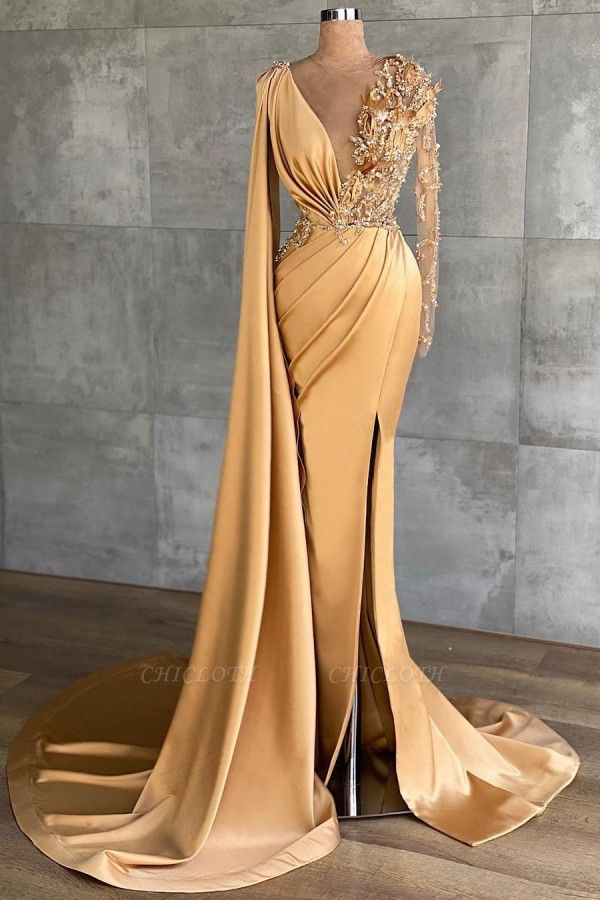 ZY562 Evening Dresses With Sleeves Gold Long Glitter Prom Dresses
