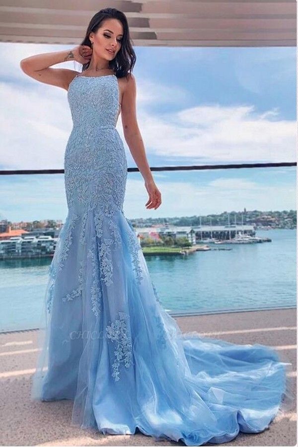 ZY600 Light Blue Evening Dresses Long Cheap Prom Dresses With Lace