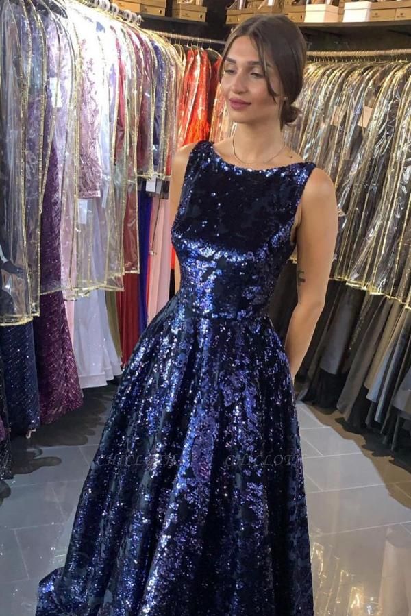 ZY616 Navy Blue Sparkly Sequined A Line Long Prom Dresses