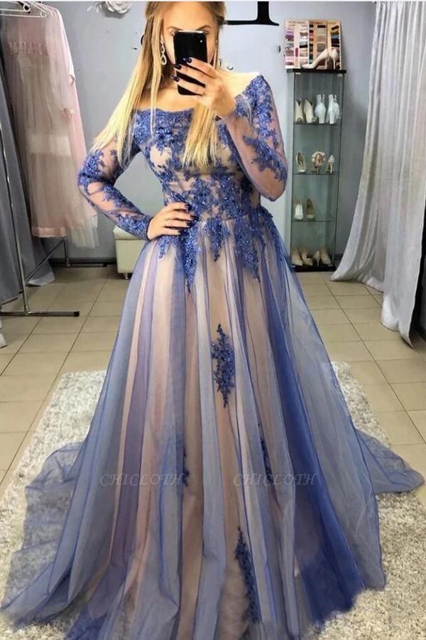 Cheap Blue Evening Dress With Sleeve | Lace Long Prom Dresses