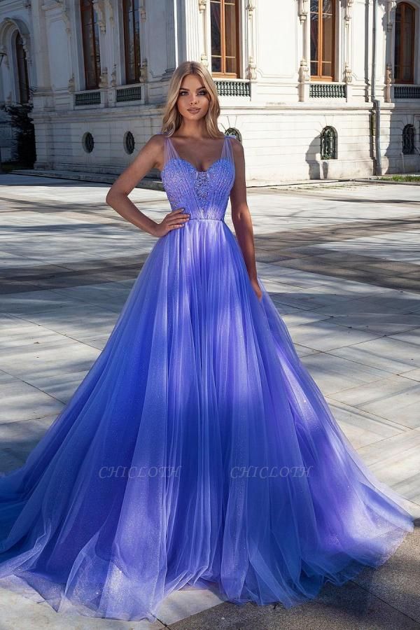 Sheer Purple A Linie Long Prom Dresses With Crystal