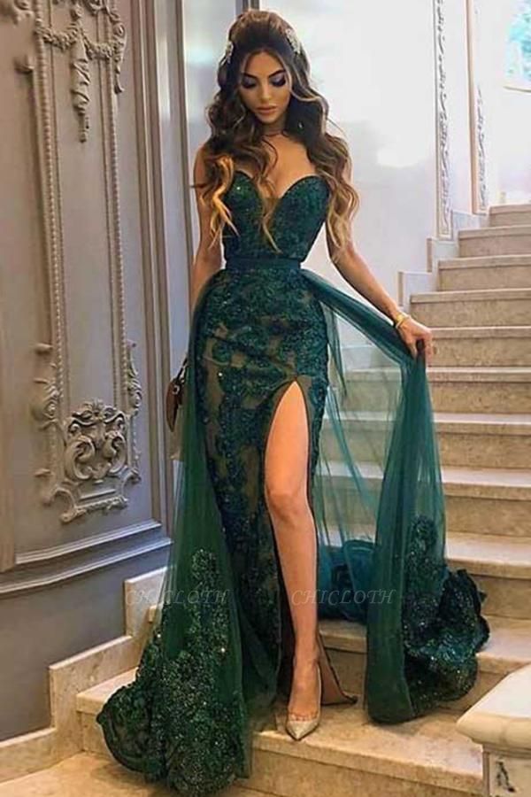 Emerald Green Long Lace Mermaid Prom Dresses Evening Gows