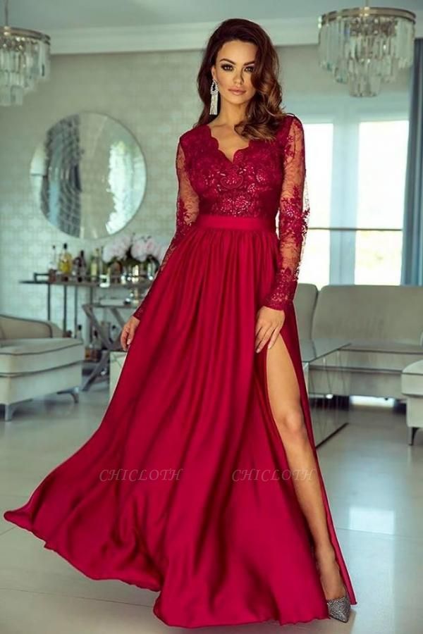 Cheap Red V Neck Long Sleeve Prom Dresses With Lace