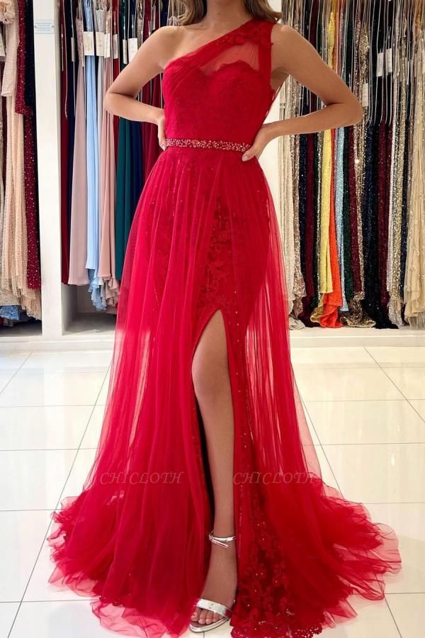 Sexy Red One Shoulder Floor Lehth Long Lace Prom Dress