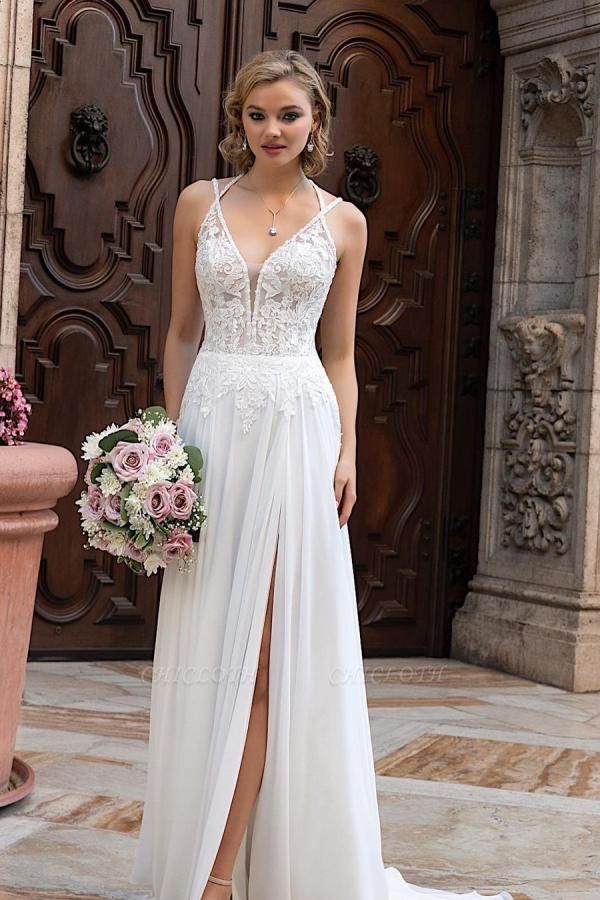 Simple Boho Sheath V neck Chiffon Wedding Dress With Lace