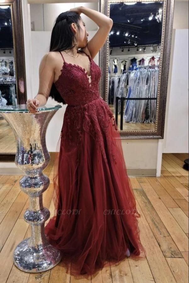 Simple Burgundy Späghetti Straps Long Prom Dress With Lace