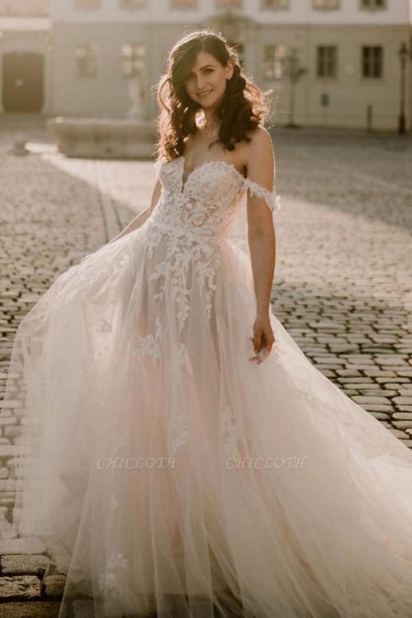 Boho Off Shoulder A Line Wedding Gowns With Lace