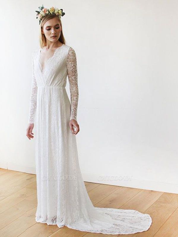 Lace Wedding Gowns With Train A-Line Long Sleeves V-Neck Ivory Bridal Gowns