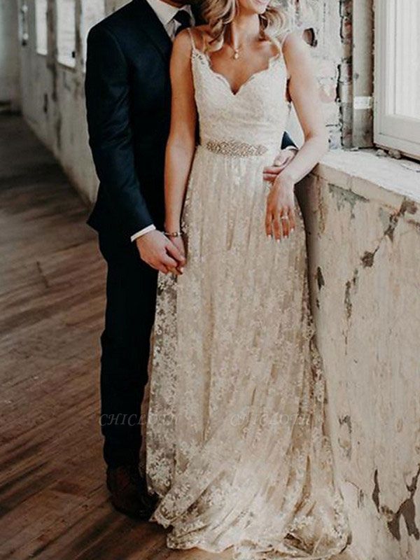 Wedding Dress Court Train A-Line Spaghetti Straps Sleeveless Lace V-Neck Backless Ivory Wedding Gowns
