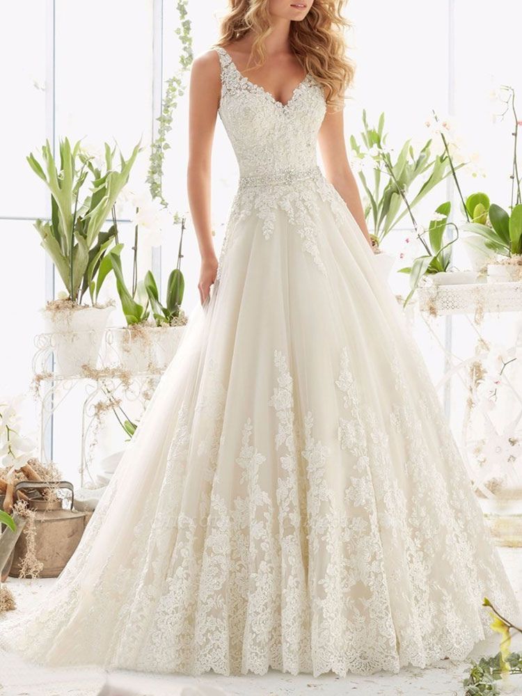 Wedding Dresses V Neck Sleeveless A Line Lace Embellishment Beaded Sash Bridal Gowns With Train