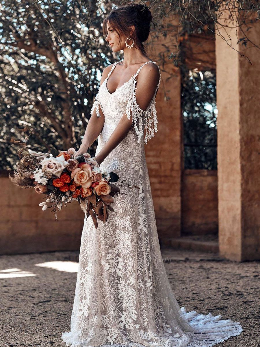 Lace Wedding Dress With Train Ivory A-Line Sleeveless V-Neck Backless Wedding Gowns