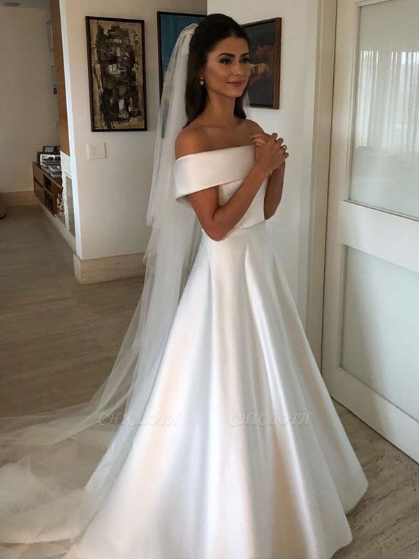 Vintage Wedding Dresses 2021 Off The Shoulder Short Sleeve A Line Satin Traditional Bridal Gowns With Sweep Train