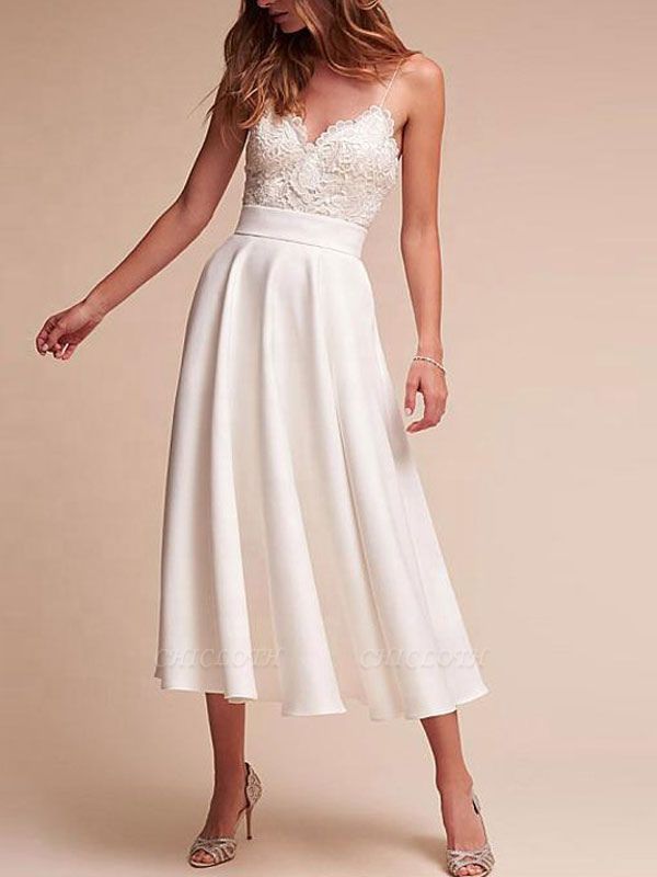 Short Wedding Dresses V Neck Sleeveless A Line Tea Length Straps Bridal Gowns