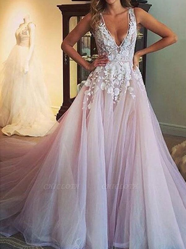 Wedding Gowns 2021 Deep V Neck Sleeveless Lace Flora Floor Length Tulle Bridal Gowns