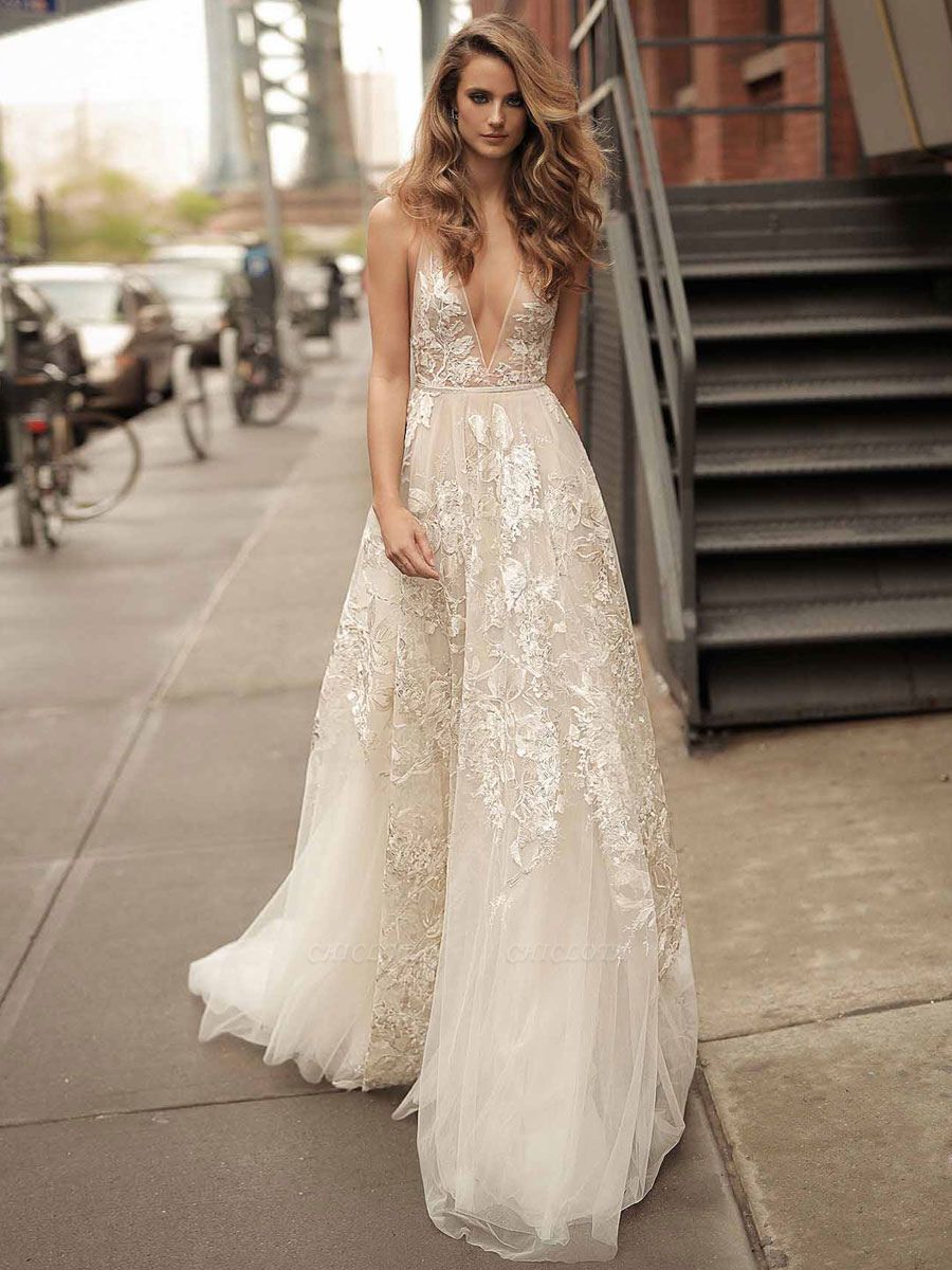 Lace Wedding Dress With Train A Line Sleeveless V Neck Bridal Dresses