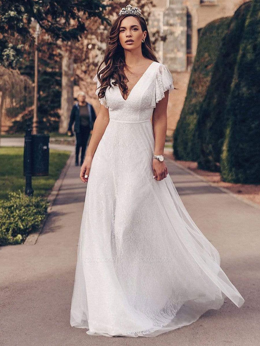 White Vintage Wedding Dress Lace V-Neck Short Sleeves Backless Ruffles A-Line Natural Waist Long Bridal Gowns