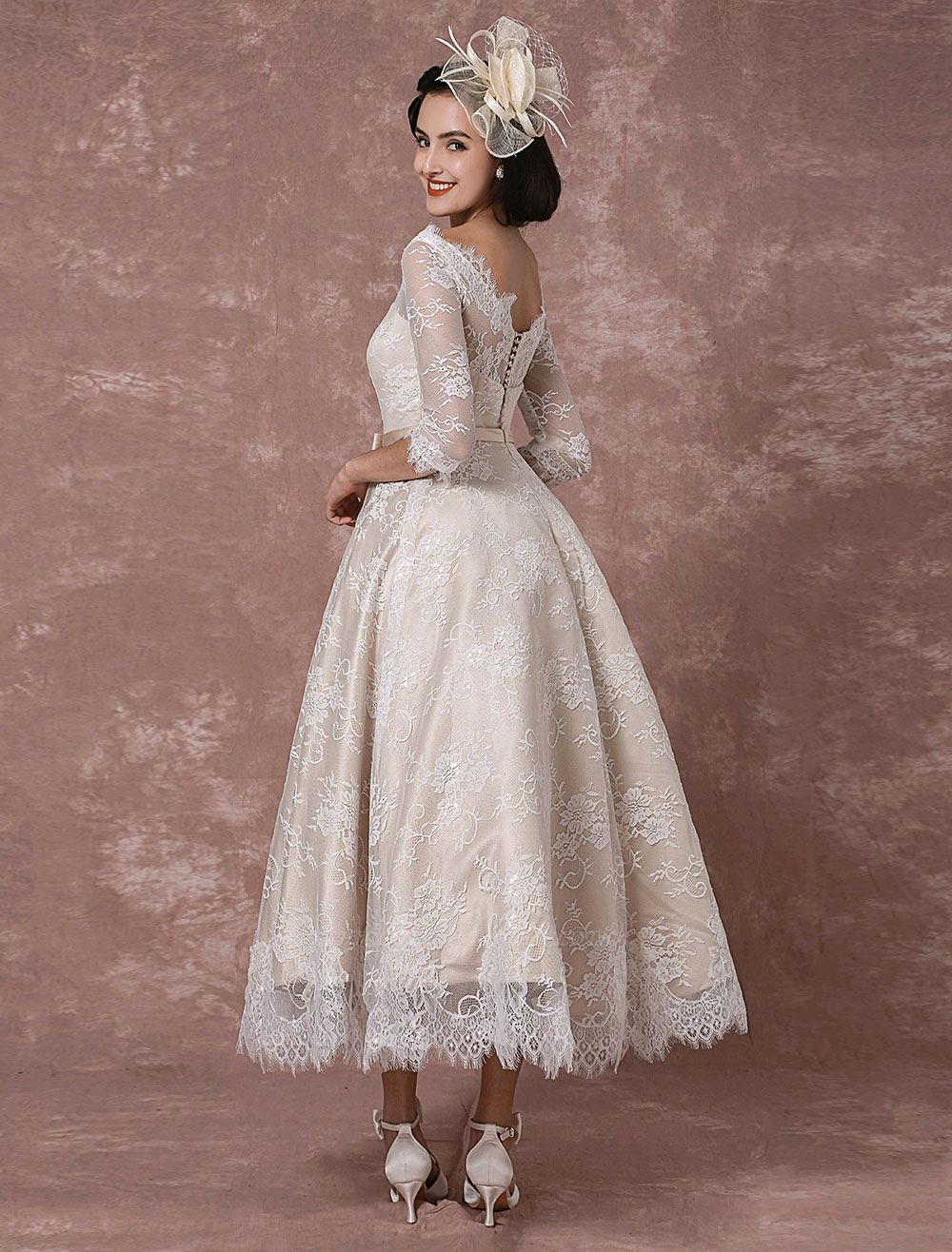 Lace Wedding Dress Vintage Bateau Champagne Half Sleeves Bridal Gown A Line Backless Tea Length Sash Reception Bridal Dress Exclusive