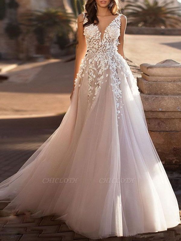 Wedding Gowns 2021 Tulle Deep V Neck A Line Sleeveless Multilayer Tulle Lace Applique Classic Bridal Gowns With Train