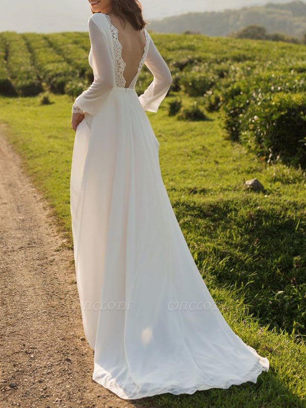 Cheap Wedding Dresses Lycra Spandex Bateau Neck Long Sleeves Lace A Line Bridal Gowns