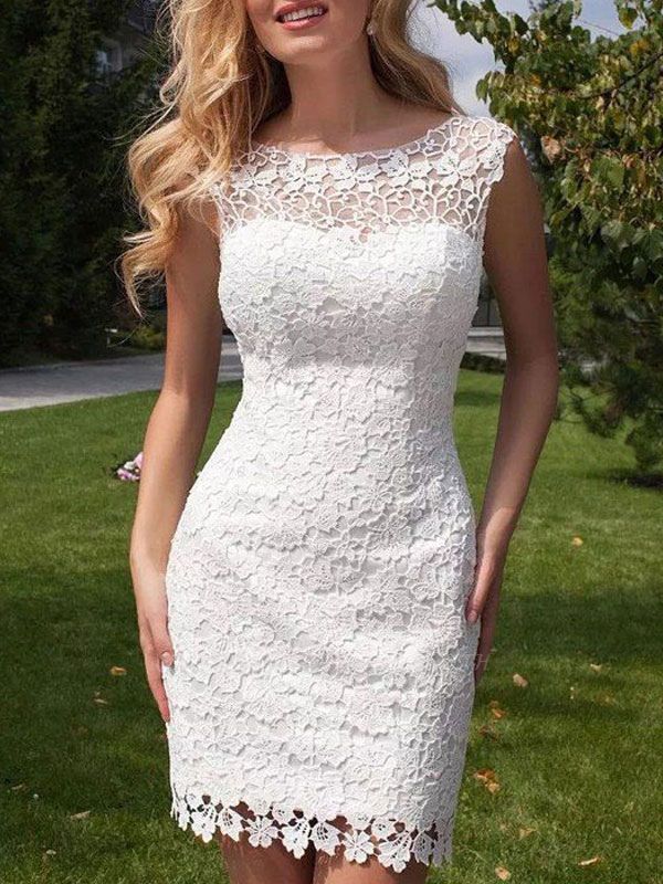 Short Wedding Dress 2021 Lace Jewel Neck Sleeveless Wedding Gowns With Panel Train