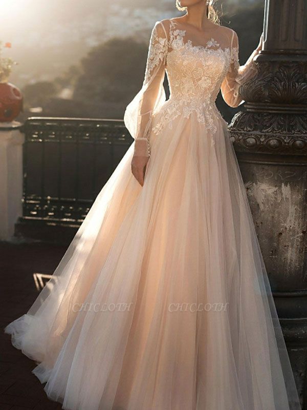 White Wedding Dresses A-Line Court Train Long Sleeves Single Thread Tulle Buttons Illusion Neckline Bridal Gowns