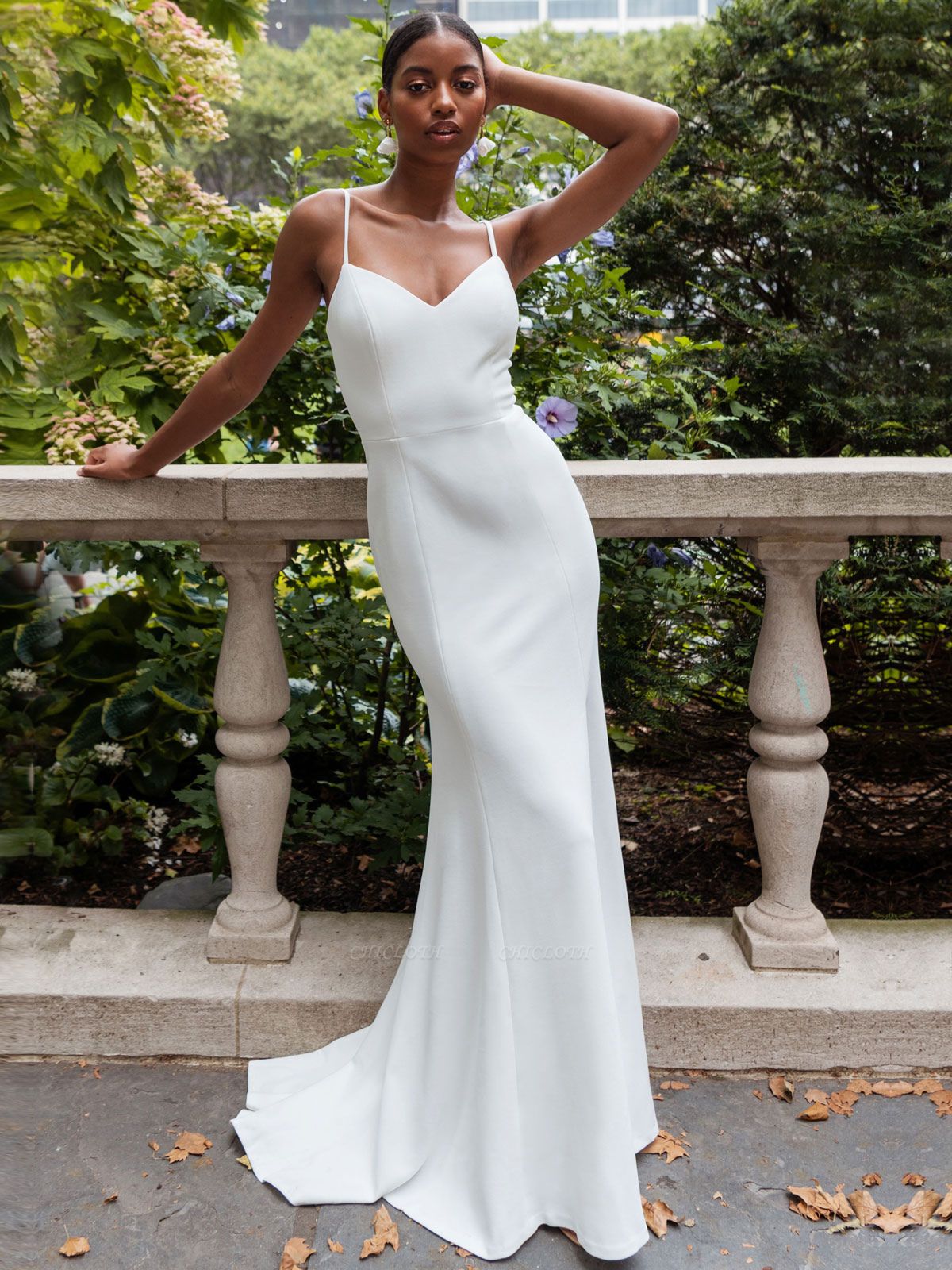 White Cheap Wedding Dress Mermaid V-Neck Sleeveless Spaghetti Straps Natural Waist Satin Fabric Split Front Wedding Gowns