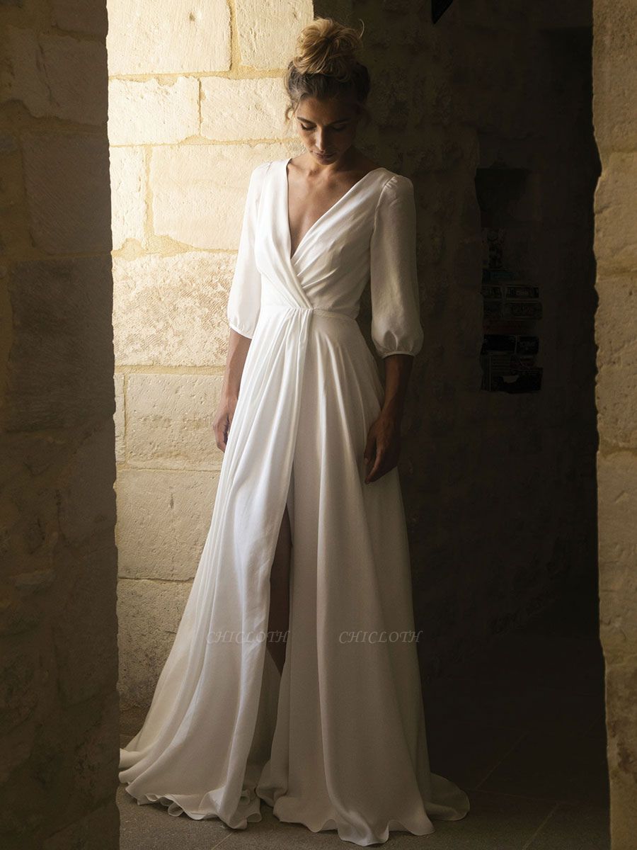 White Wedding Gownses With Train A Line Floor Length 3/4 Length Sleeves Pleated V Neck Wedding Dresseses