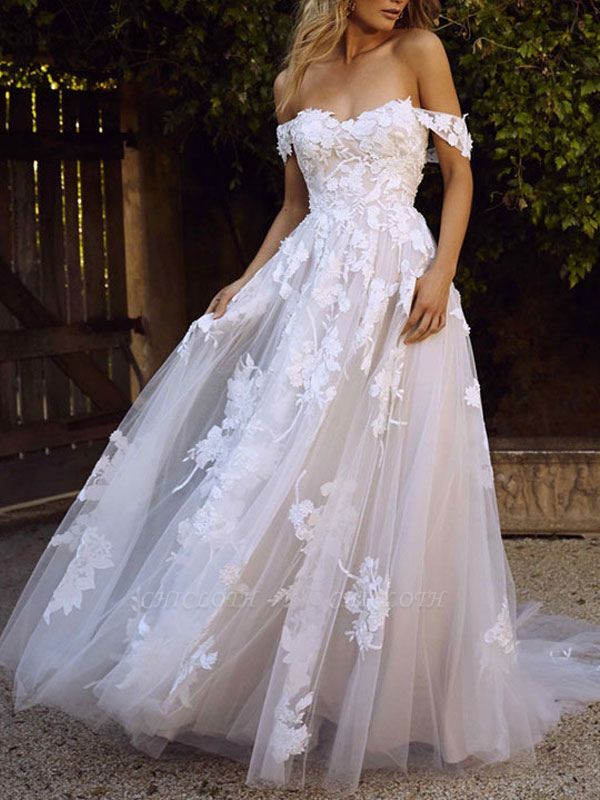 Wedding Dresses 2021 A Line Off The Shoulder Short Sleeve Lace Flora Appliqued Tulle Bridal Gown With Train