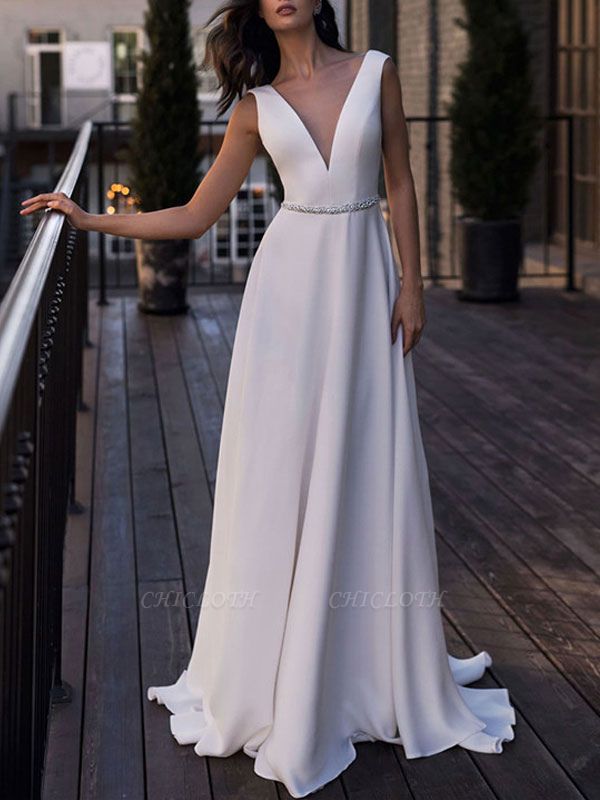 Cheap Wedding Dress Satin Fabric V Neck Sleeveless Sash A Line Floor Length Wedding Gowns