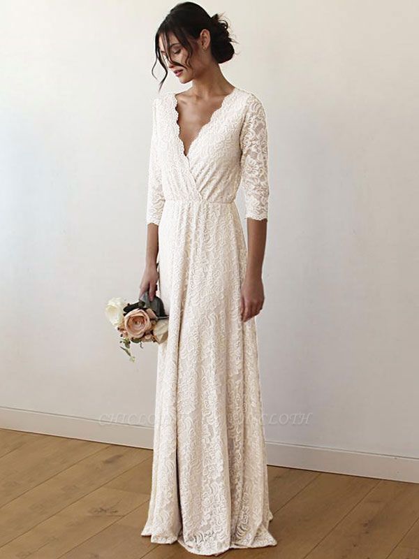 Wedding Gowns Floor-Length A-Line 3/4 Length Sleeves V-Neck Lace Bridal Gowns
