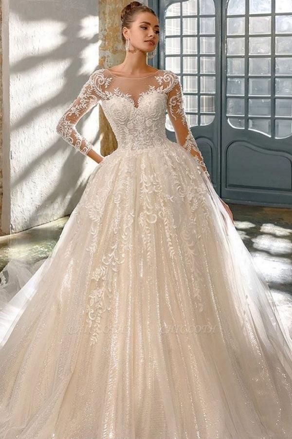 Sparkly Long Sleeve A line Glitter Wedding Dress With Lace