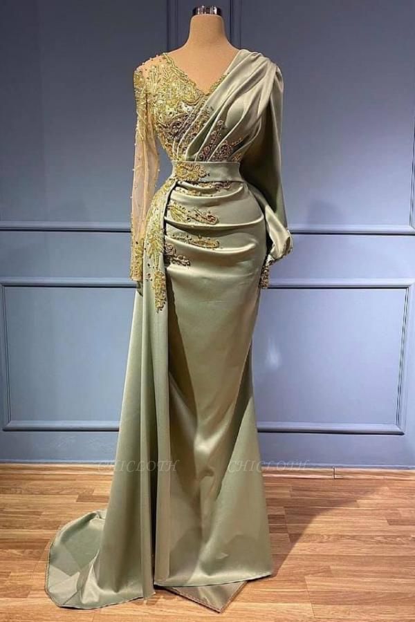 Elegant Green V-neck Long Sleeve Sheath Floor-length Prom Dresses