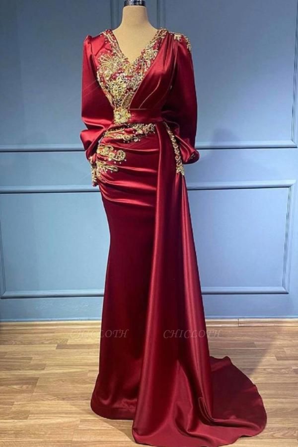Exquisite Red V-neck Long Sleeve Sheath Floor-length Beading Prom Dresses