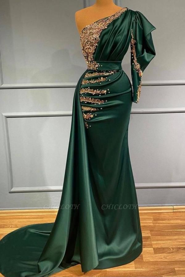 Vintage Green One Shoulder Sheath Floor-length Beading Prom Dresses