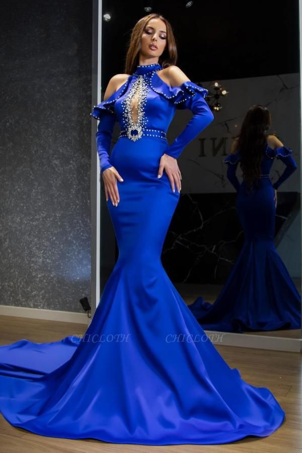 Royal Blue High Neck Long Sleeve Mermaid Prom Dresses Glitter