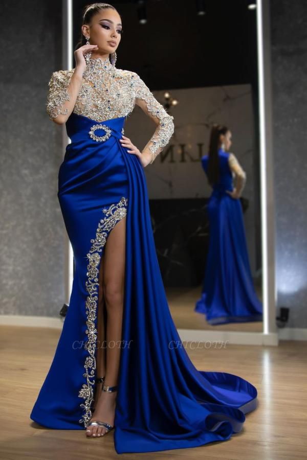 Sparkly Royal Blue Long Sleeve Mermaid Prom Dresses Evening Gowns
