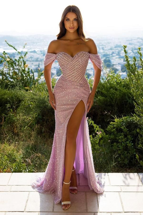 Pink Elegant Off-the-shoulder Sleeveless Mermaid Sequins Floor-Length Prom Dresses with Crystal and Ruffles