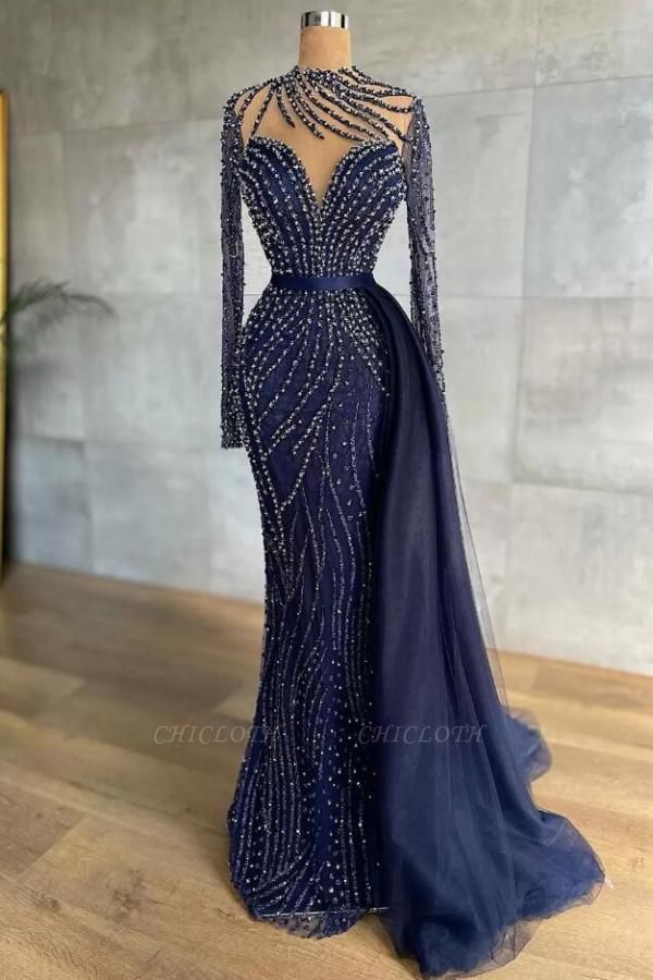 Luxus Navy Blue High Neck Long Sleeve Floor Length Prom Dress