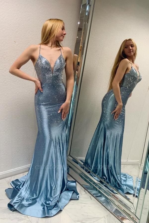 Blue Sexy Spaghetti Strap Sleeveless Mermaid Sheer Floor-Length Prom Dresses with Ruffles
