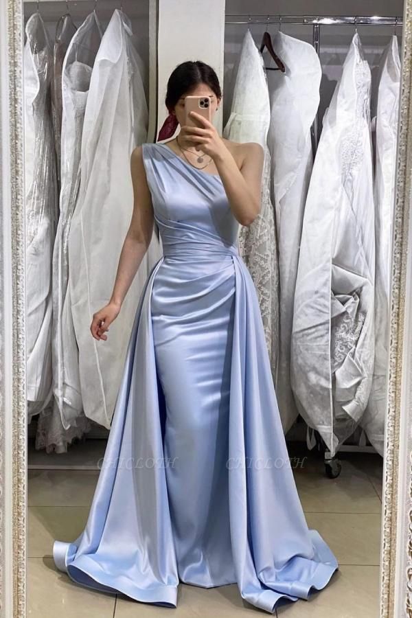 Blue Simple One-shoulder Sleeveless A-Line Elastic Woven Satin Prom Dresses with Ruffles