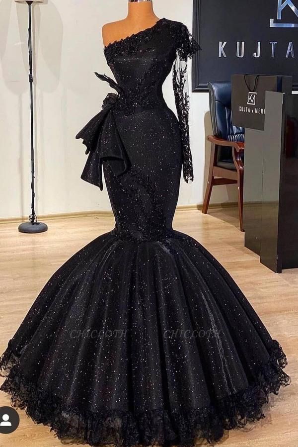 Sparkly Black Long Sleeve Mermaid Prom Dress Glitter