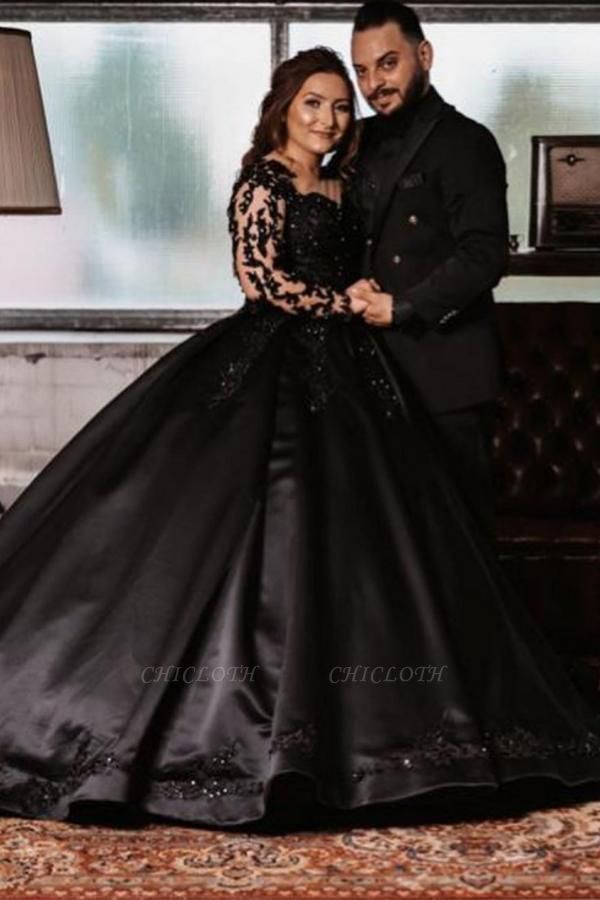 Unique Crew Long-Sleeve Ball Gown Floor-Length Black Satin Wedding Dresses with Applique
