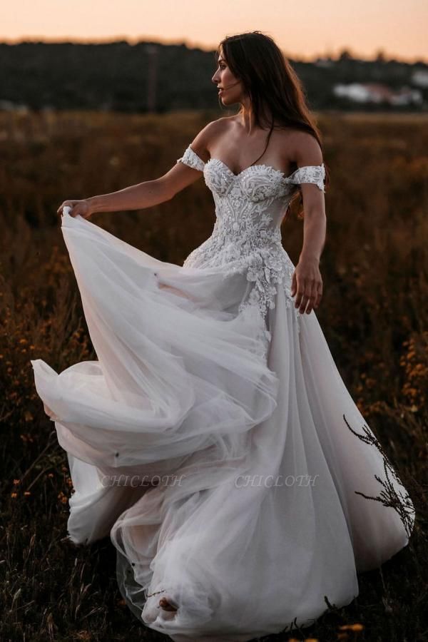 Fabulous Off-the-shoulder Sleeveless A-Line Floor-Length Wedding Dresses with Lace