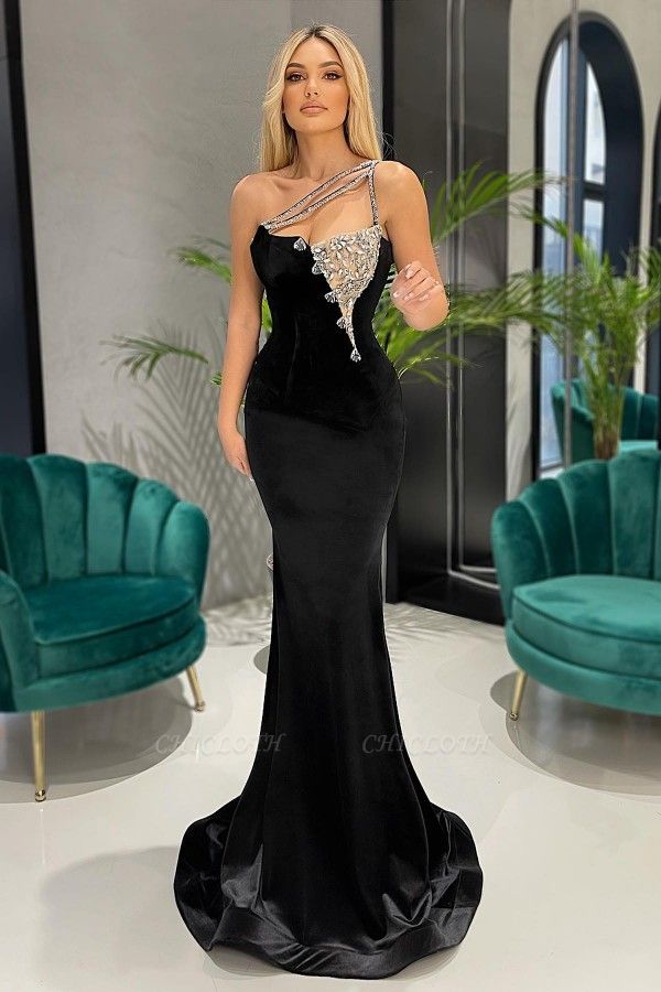 Cheap Black One Shoulder Velvet Long Mermaid Prom Dress With Glitter