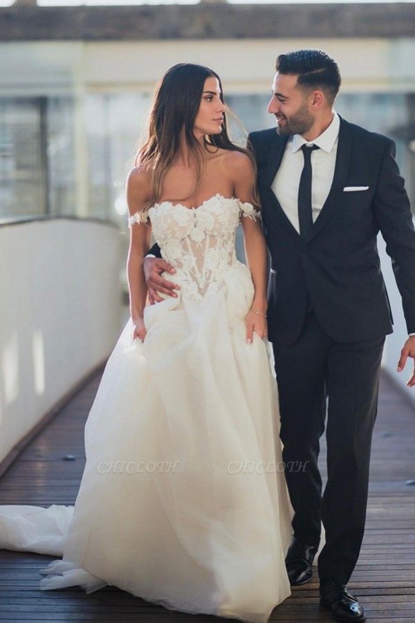 Boho Off Shoulder Sleeveless A line Wedding Gowns With Lace
