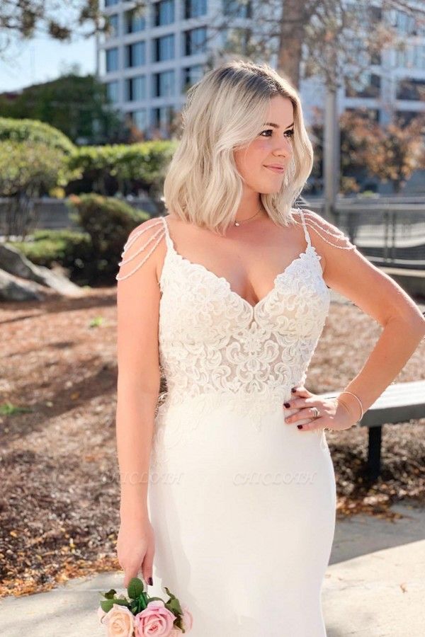 Simple Spaghetti Straps Backless Mermaid Wedding Dress With Lace