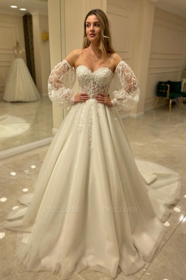 Sexy Sweetheart Ivory Long Sleeve A Line Wedding Dress with Lace