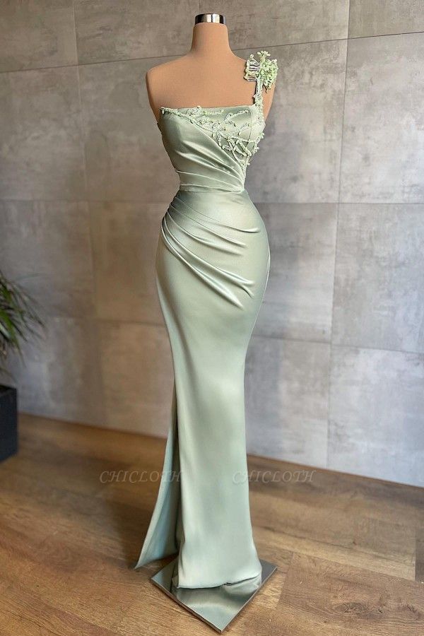 Mint Green One Shoulder Sleeveless Mermaid Long Prom Dress